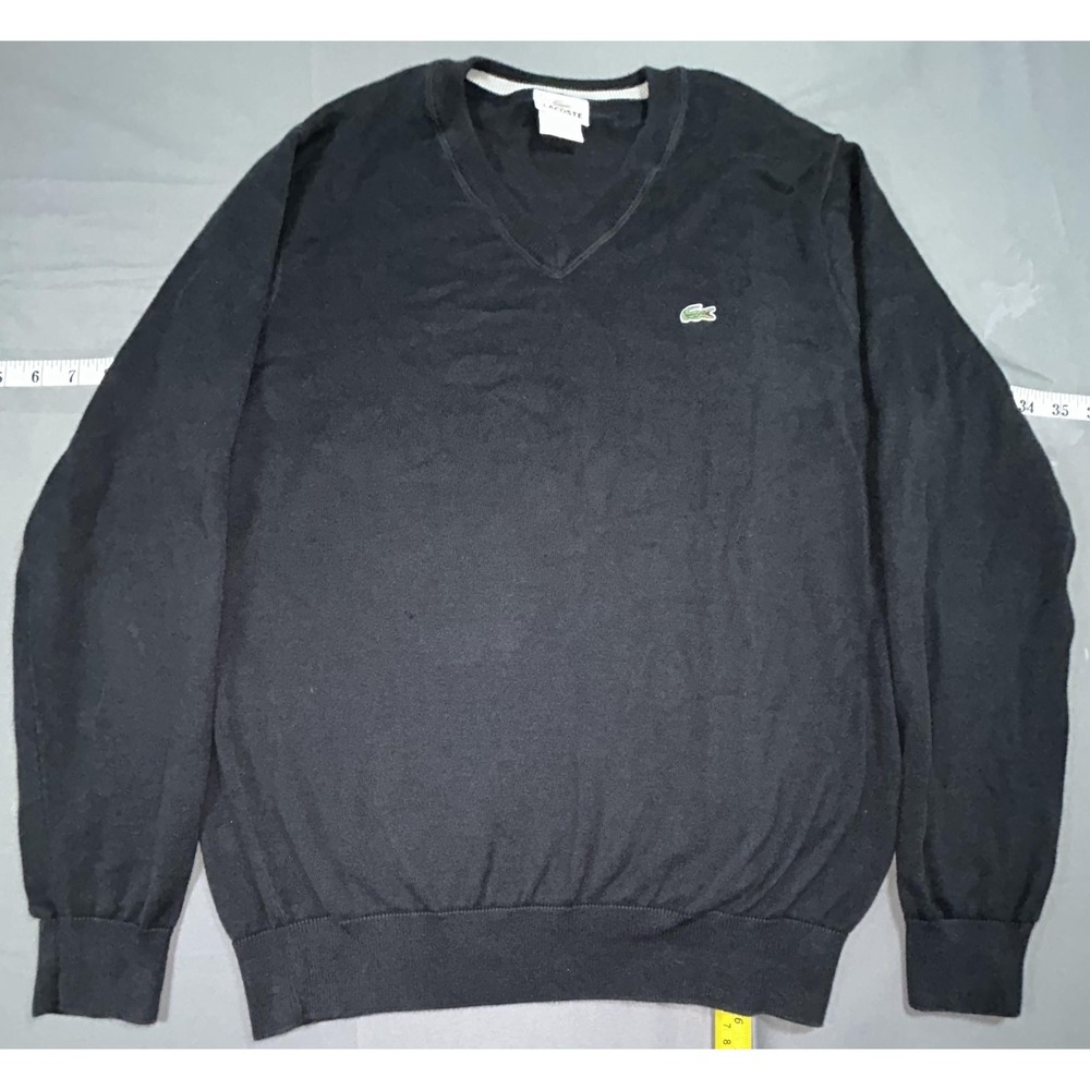 Lacoste Sweater Mens Medium Black 100% Cotton V Neck Knit Pullover Logo Classic